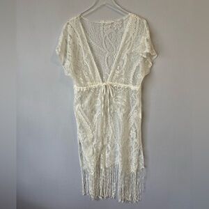 Cream Lace Tie Front Fringe Hem Cover Up Kimono S